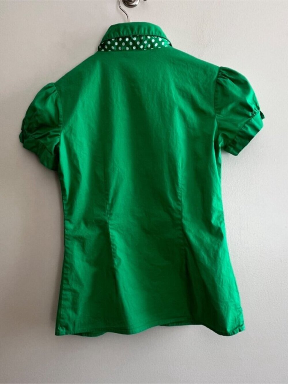 Ruffle Button Up Blouse Womens S Green Polka Dot Puff Sleeve - Picture 2 of 5